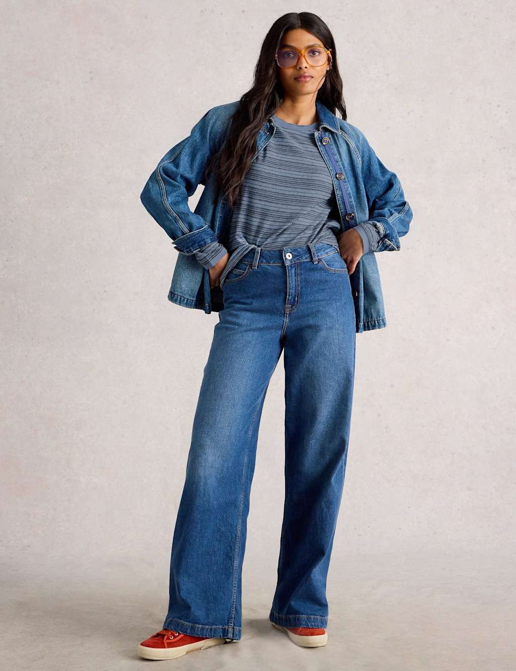 White Stuff Cotton Rich Striped Crew Neck Top Medium Blue