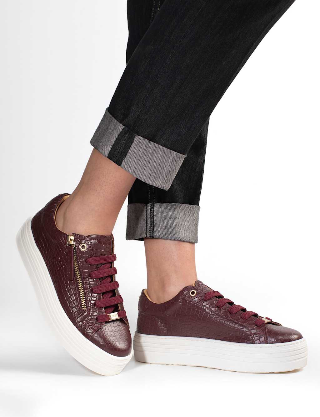 Jones Bootmaker Women's Leather Chunky Platform Trainers - 7 - Burgundy - Available at M&S