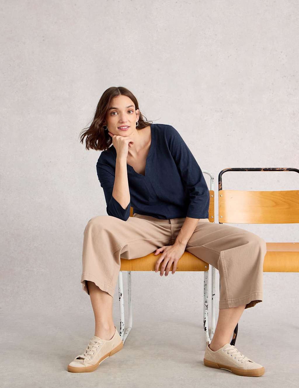 White Stuff Pure Cotton Printed Notch Neck Top Dark Navy