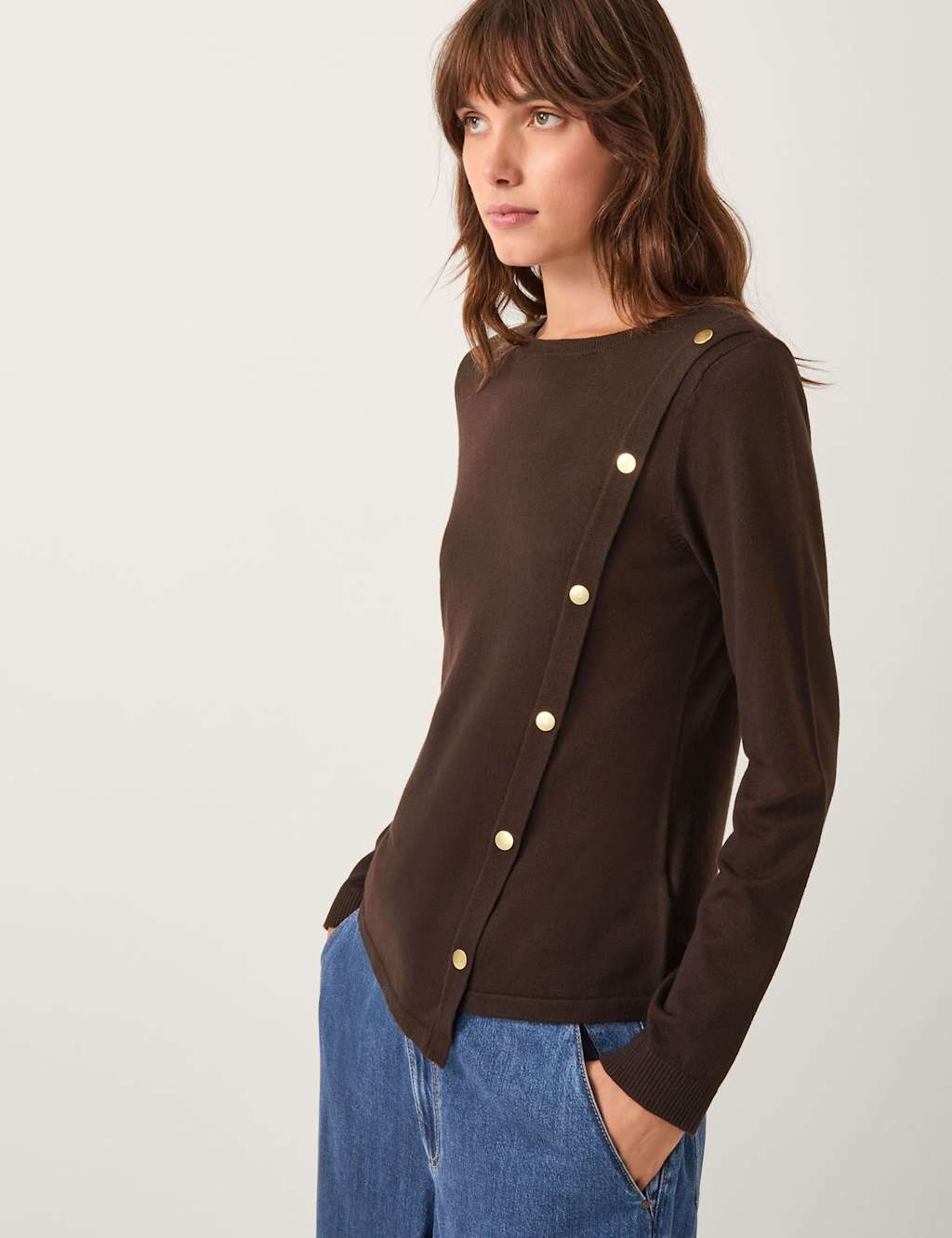 Monsoon Textured Crew Neck Button Detail Jumper Chocolate