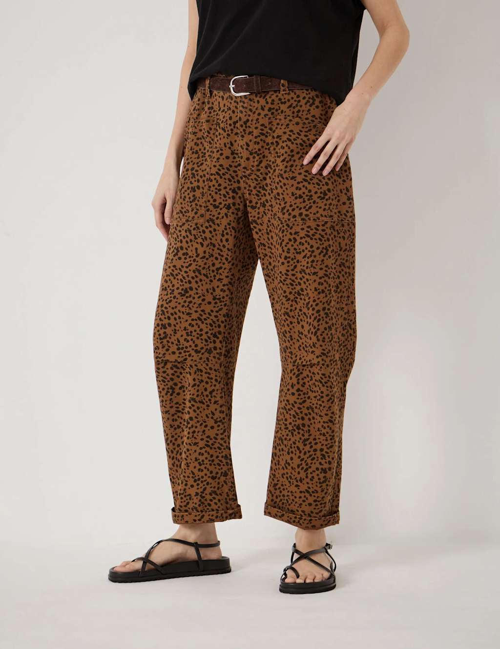 Hush Women's Cotton Rich Leopard Print Barrel Leg Trousers - 12 - Brown Mix - Available at M&S