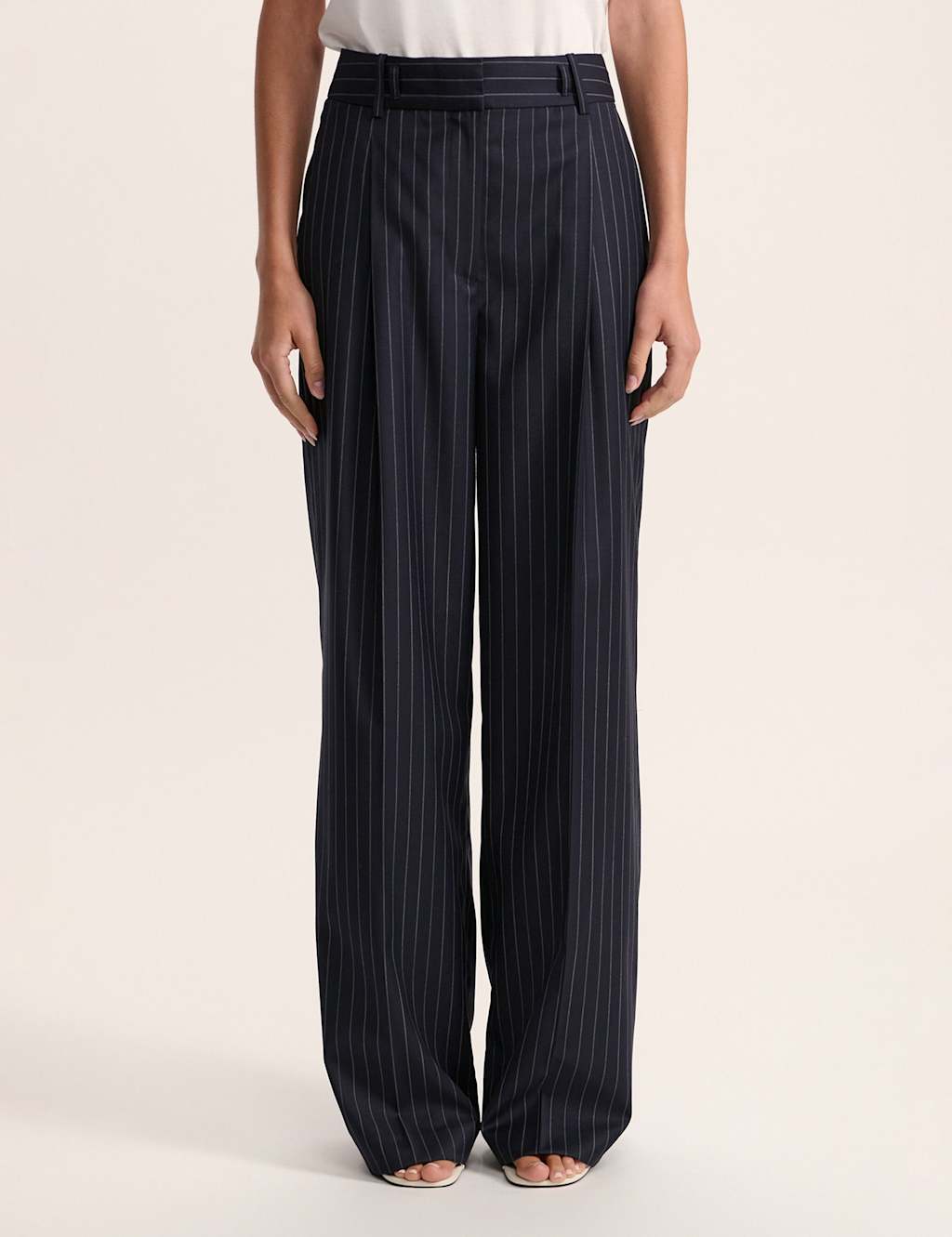SABA Wool Blend Pinstripe Wide Leg Trousers Navy Mix