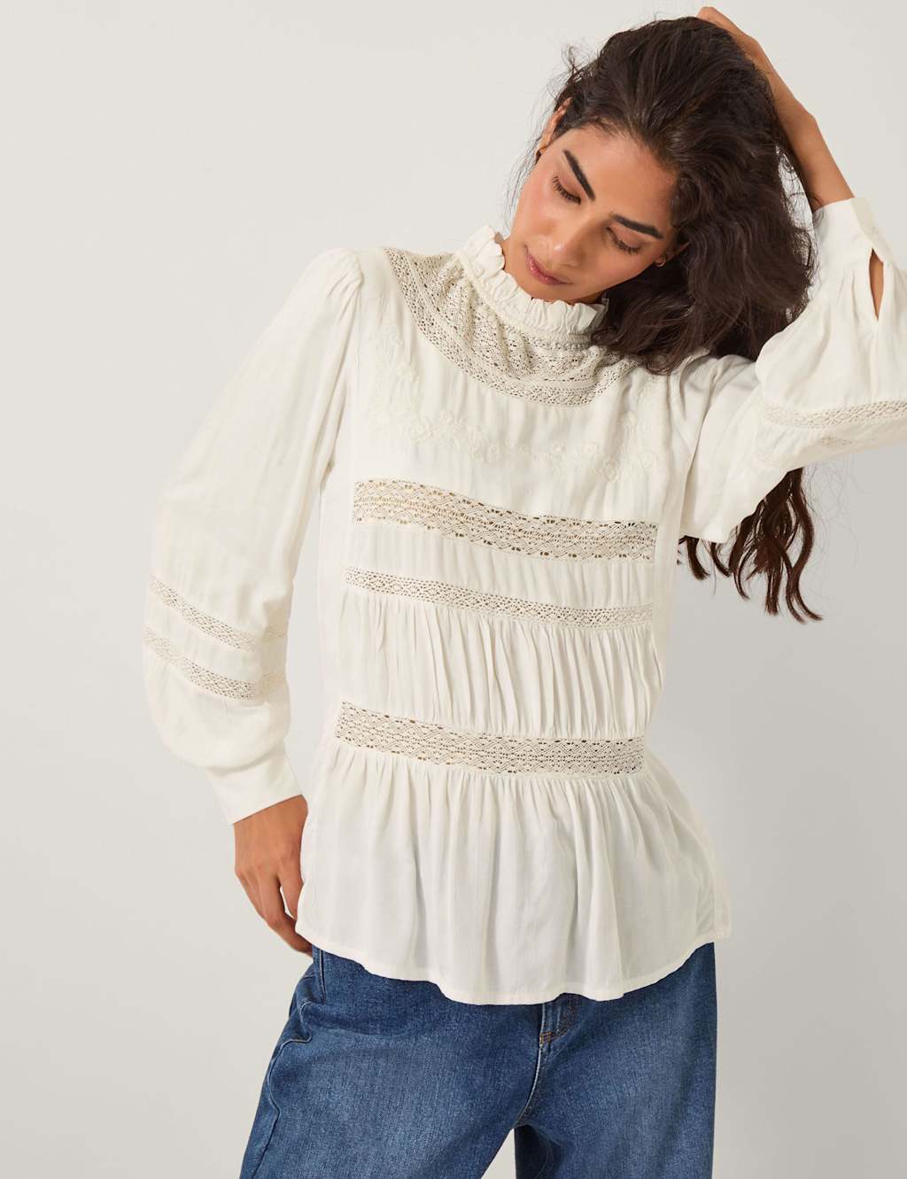 Monsoon Broderie High Neck Blouse Ivory