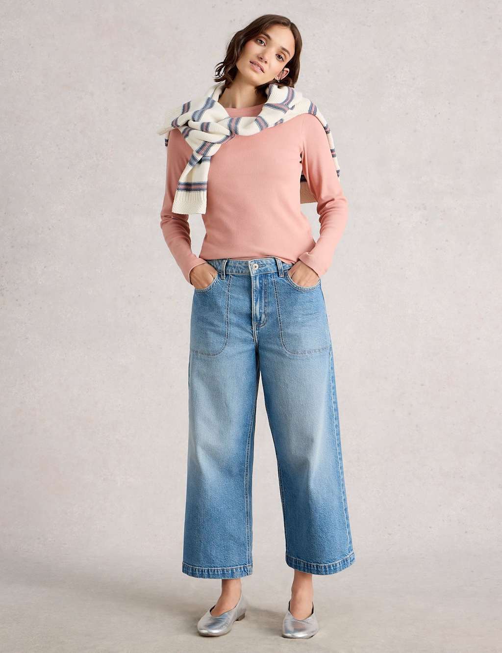 White Stuff Pure Cotton Ribbed T-Shirt Light Pink