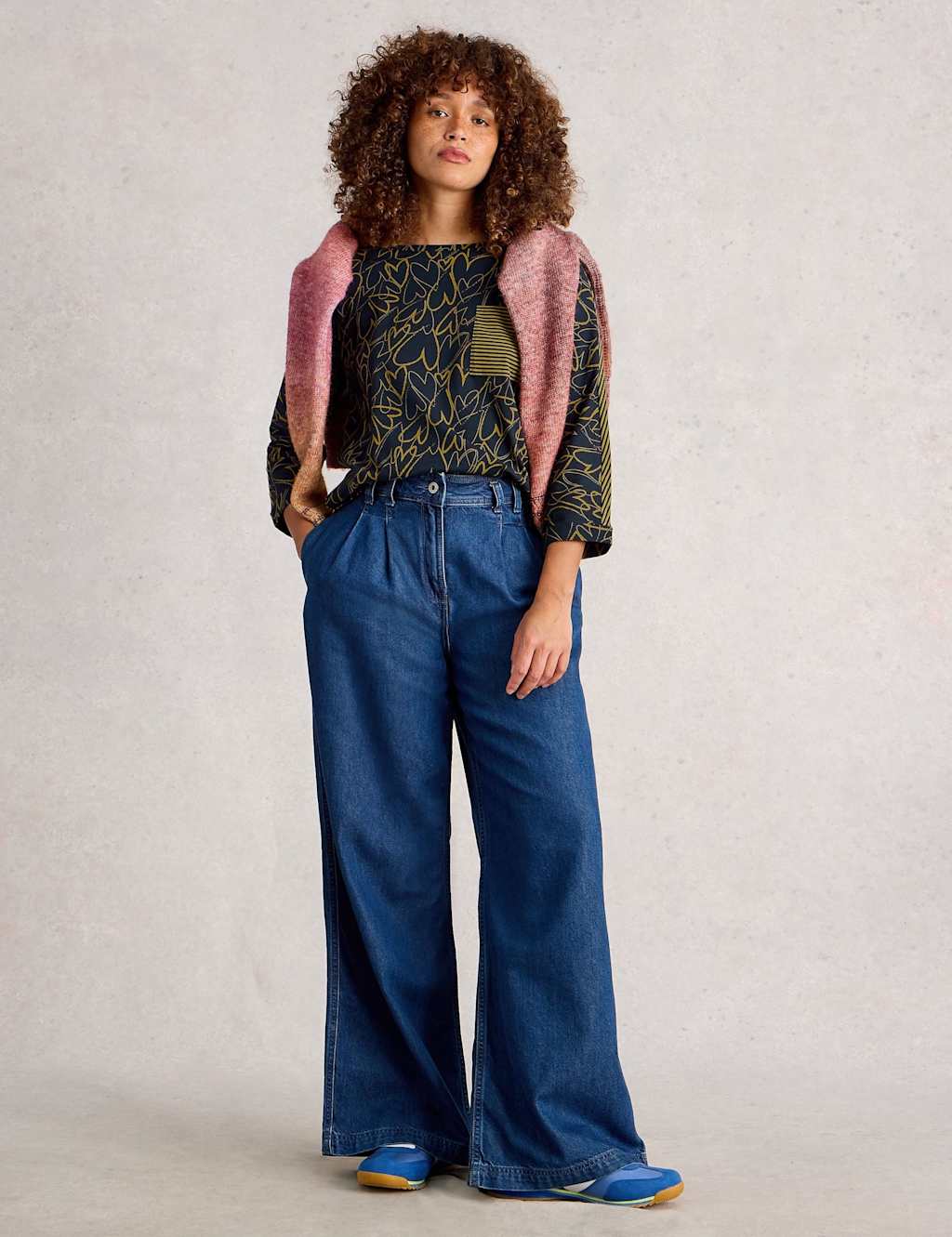 White Stuff Pure Cotton Printed Crew Neck Top Navy Mix