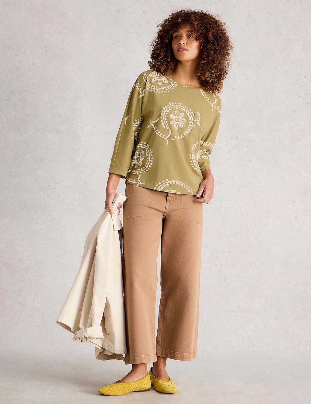 White Stuff Pure Cotton Printed Crew Neck Top Green Mix