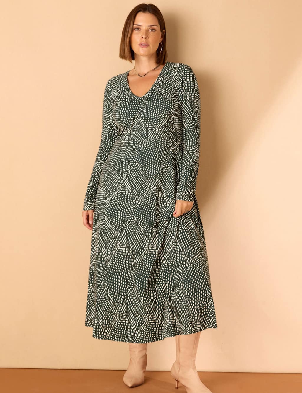 Live Unlimited London Polka Dot V-Neck Midaxi Skater Dress Green