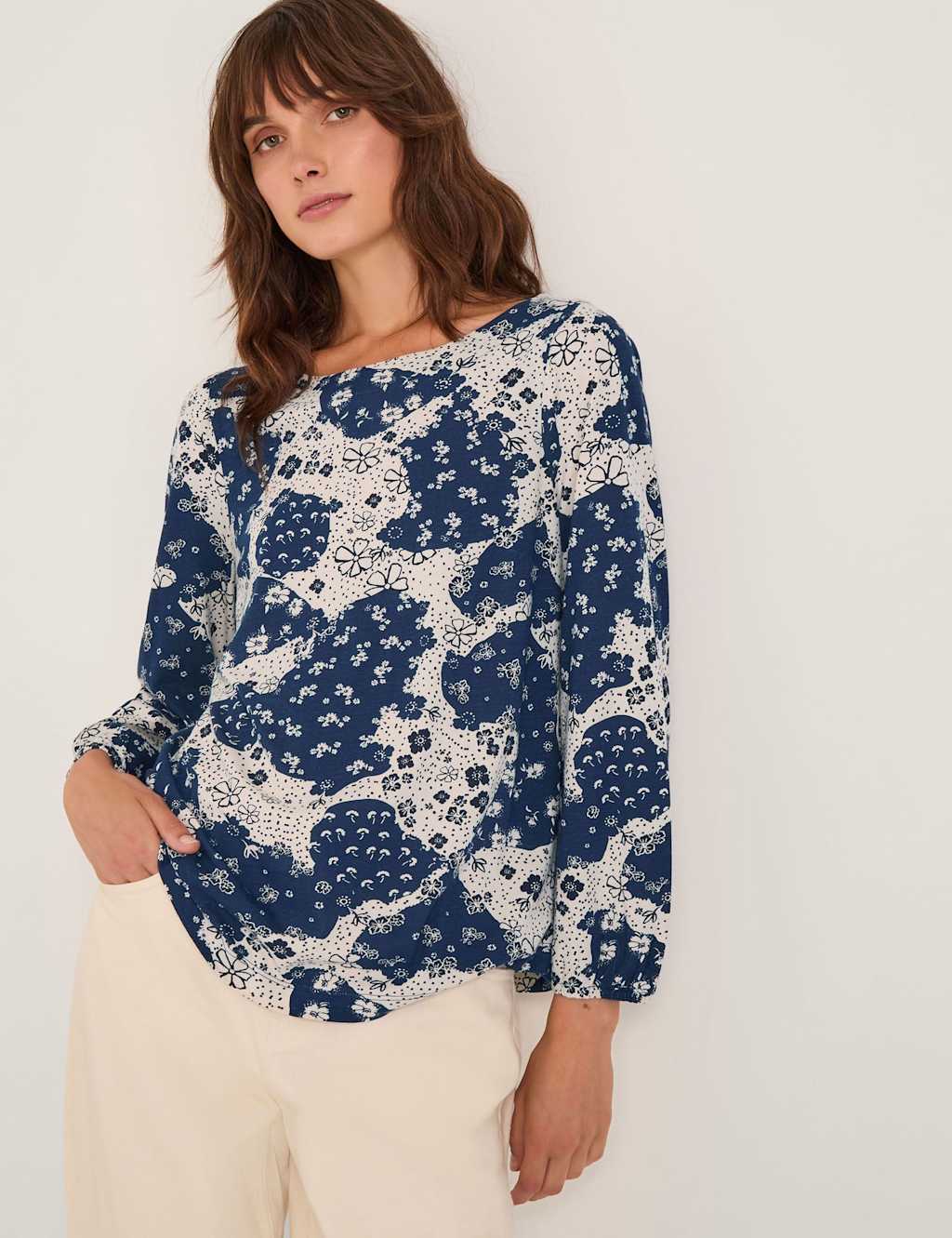 Monsoon Cotton Rich Jersey Floral Boat Neck Top Navy