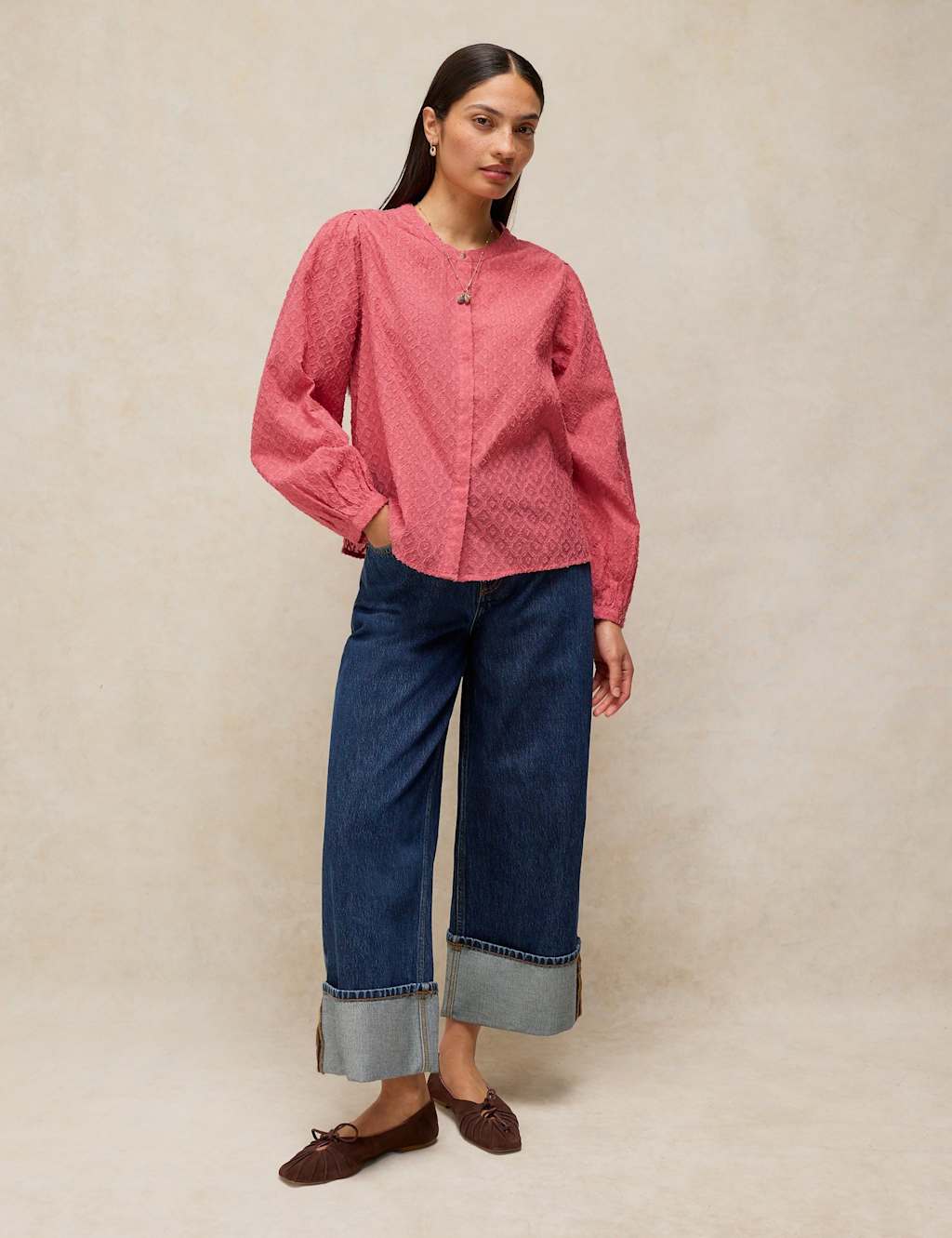 White Stuff Women's Cotton Rich Jacquard Blouson Sleeve Blouse - 10 - Pink Mix - Available at M&S