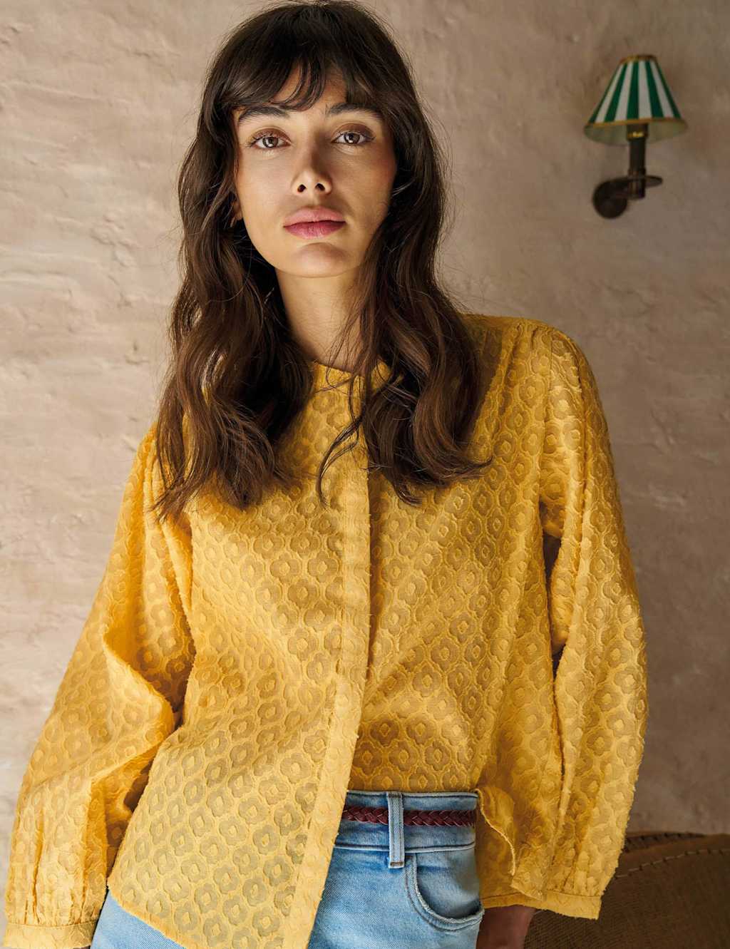 White Stuff Women's Cotton Rich Jacquard Blouson Sleeve Blouse - 16 - Yellow Mix - Available at M&S