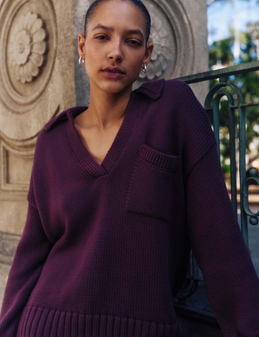 Pure Cotton Collared V-Neck Relaxed Jumper