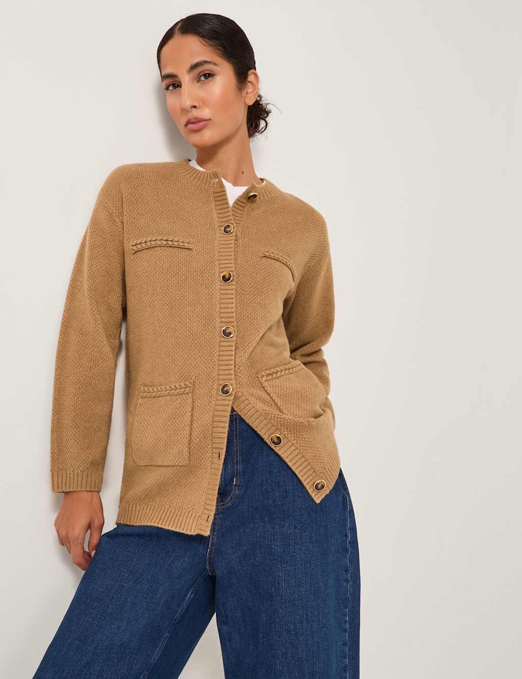 Monsoon Textured Crew Neck Cardigan Camel