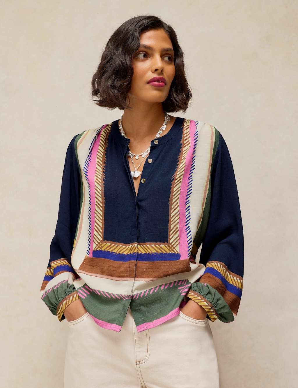 White Stuff Women's Printed Collarless Relaxed Blouse - 8 - Navy Mix - Available at M&S