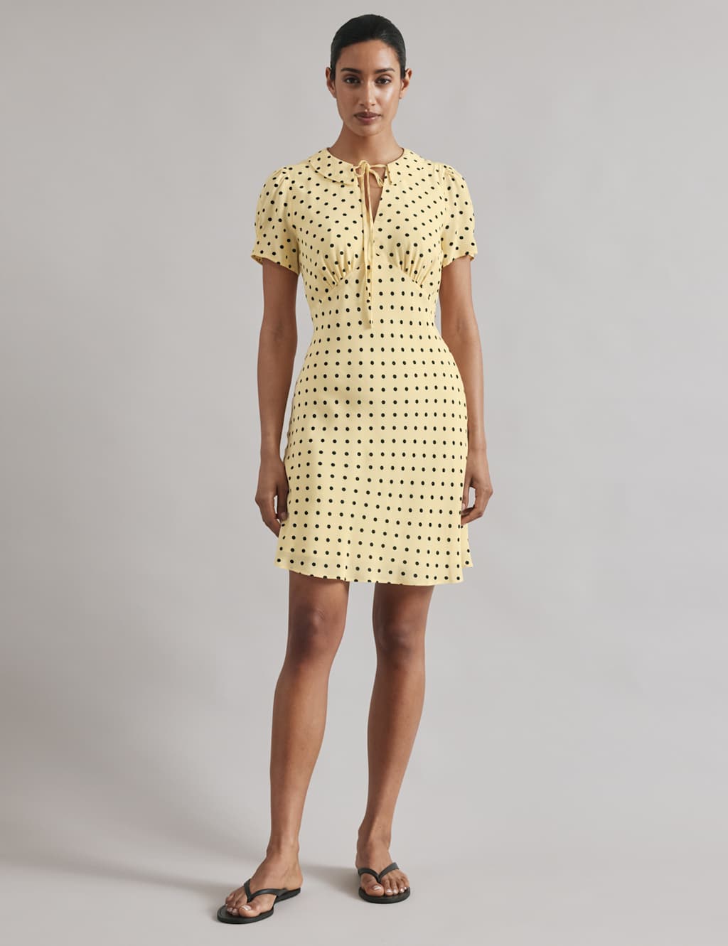 Spot Print Tie Neck Mini Shift Dress