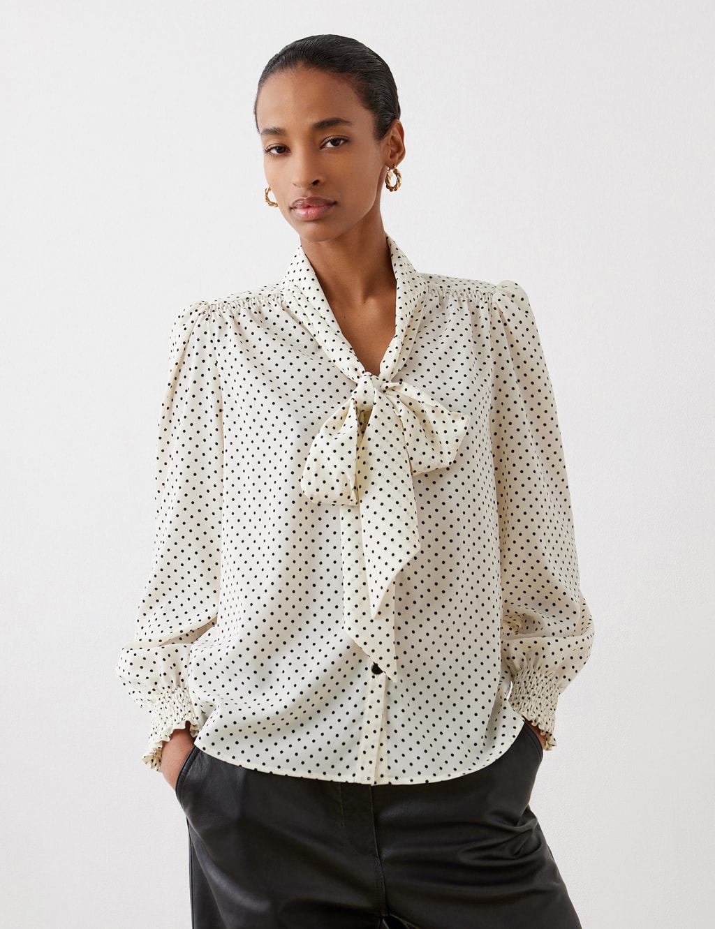 Crepe Polka Dot Tie Neck Blouse