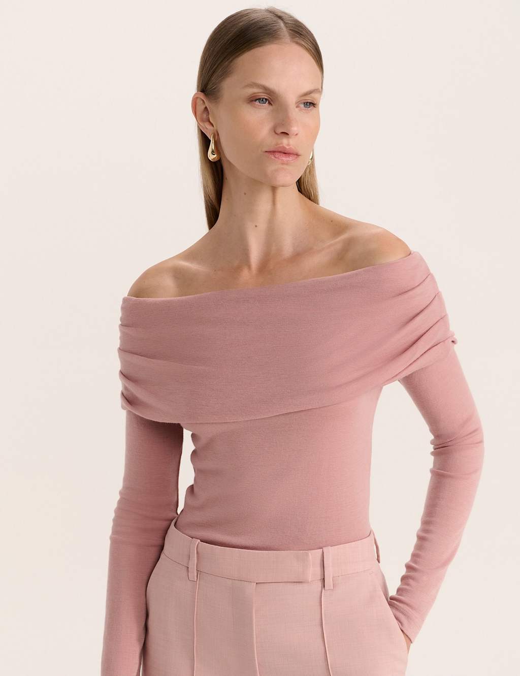 SABA Pure Merino Wool Fitted Bardot Jumper Light Pink