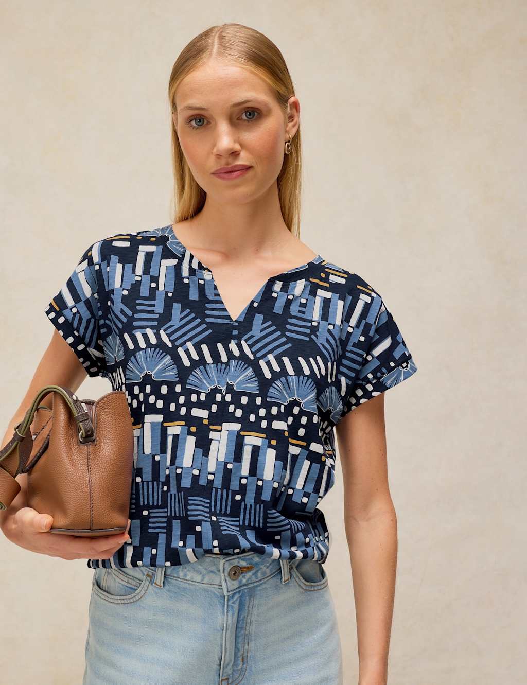 White Stuff Women's Pure Cotton Printed Notch Neck T-Shirt - 16 - Blue Mix - Available at M&S