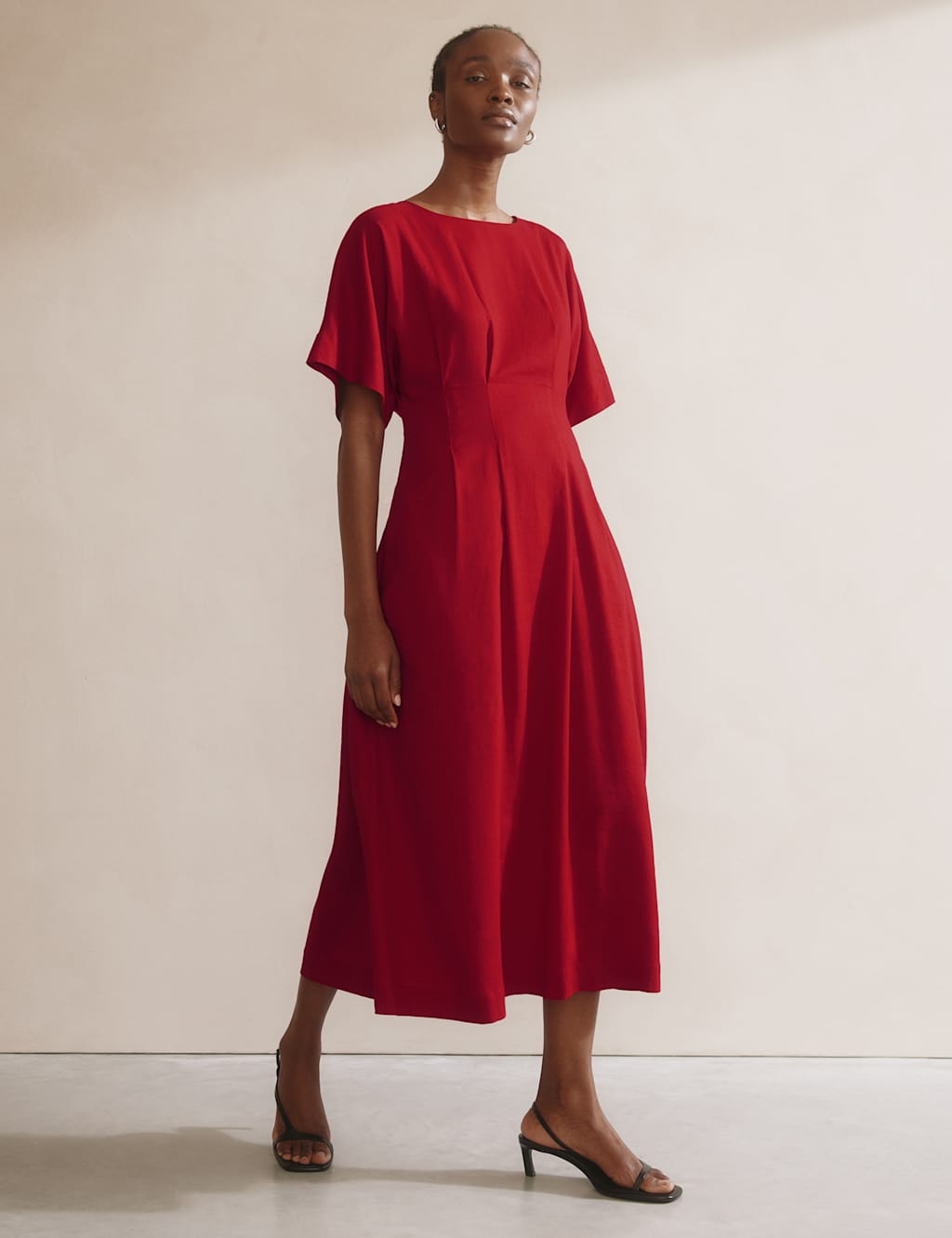 Linen Blend Midi Waisted Dress