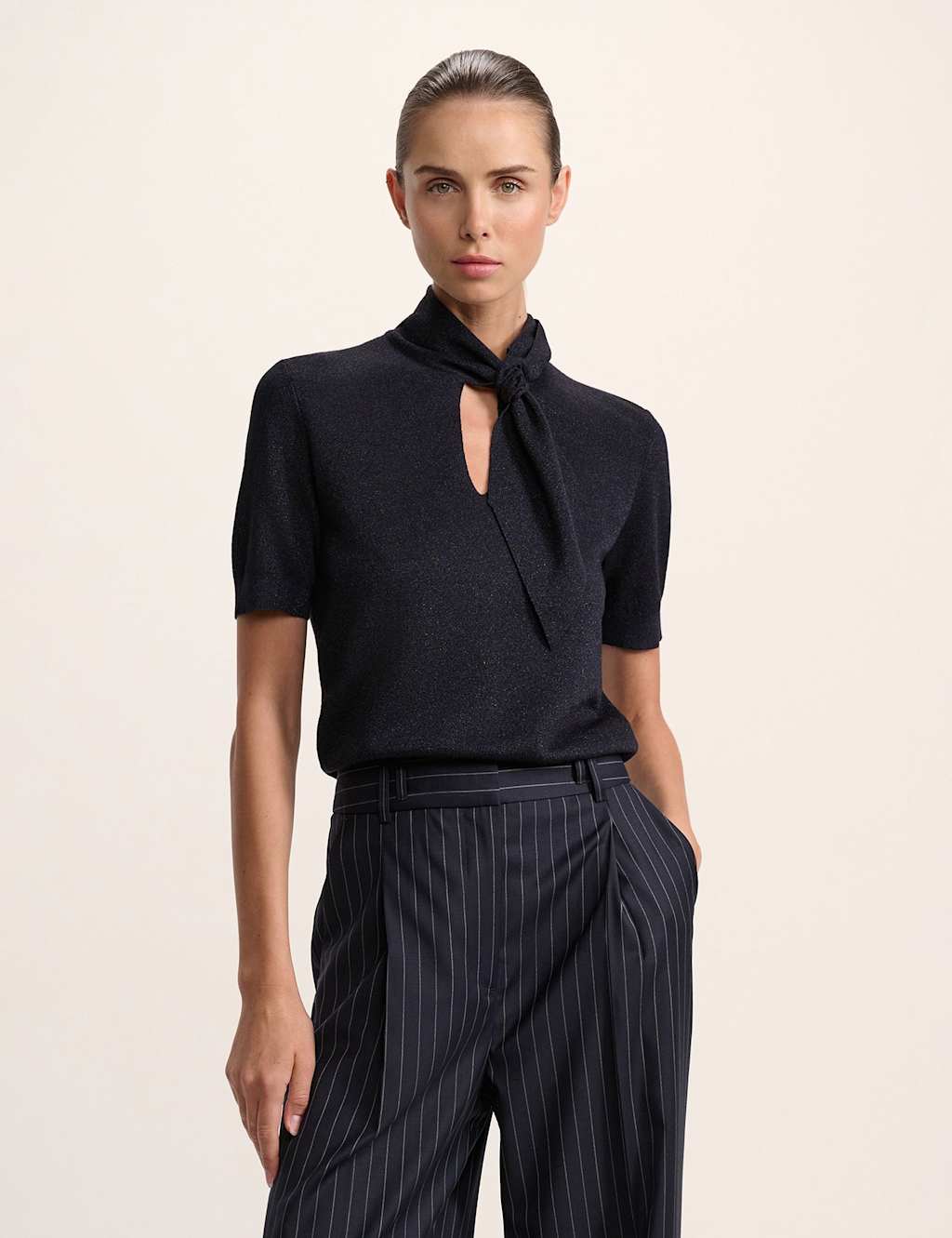 SABA Metallic Tie Neck Knitted Top Dark Navy