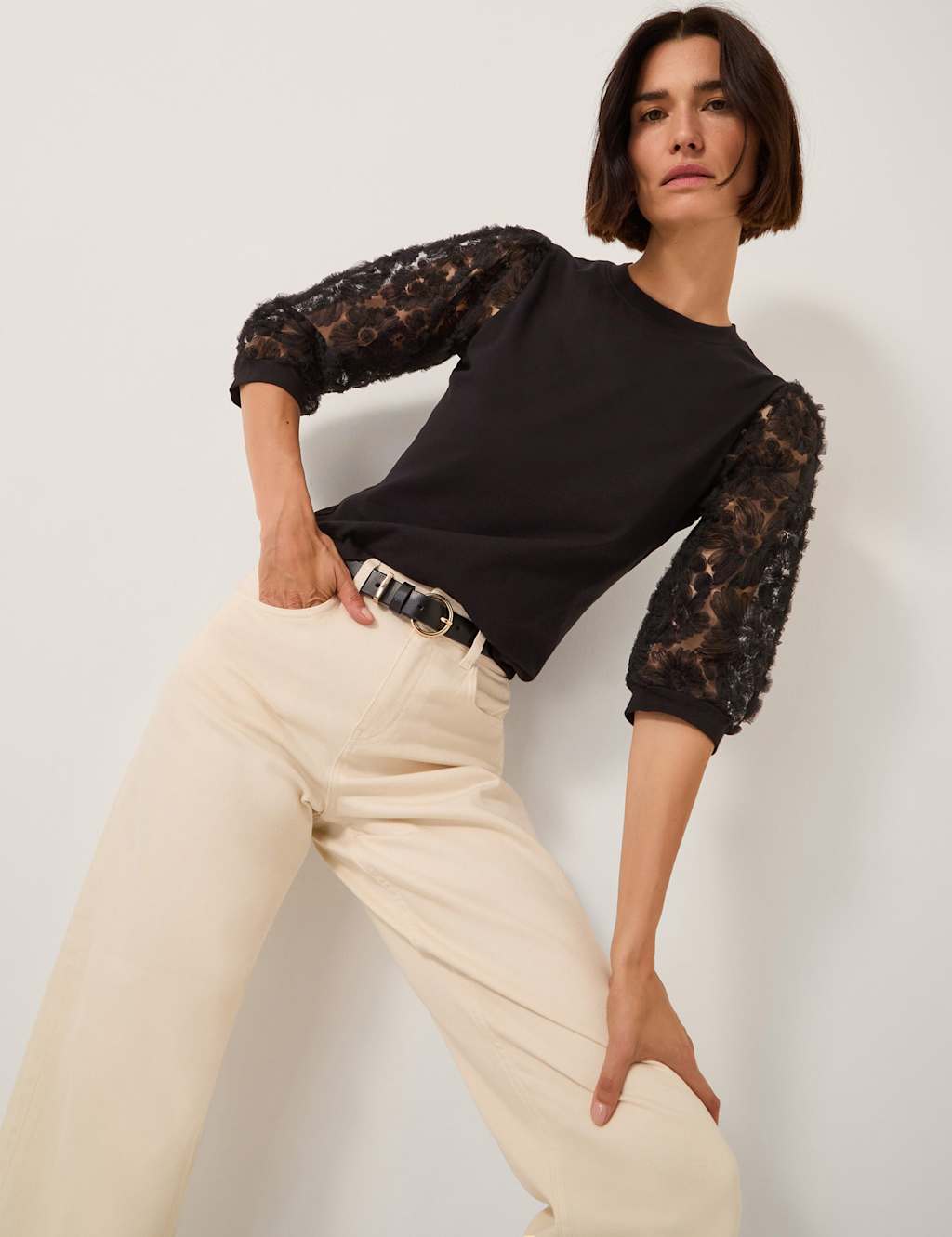 Monsoon Cotton Rich Floral Applique Top Black