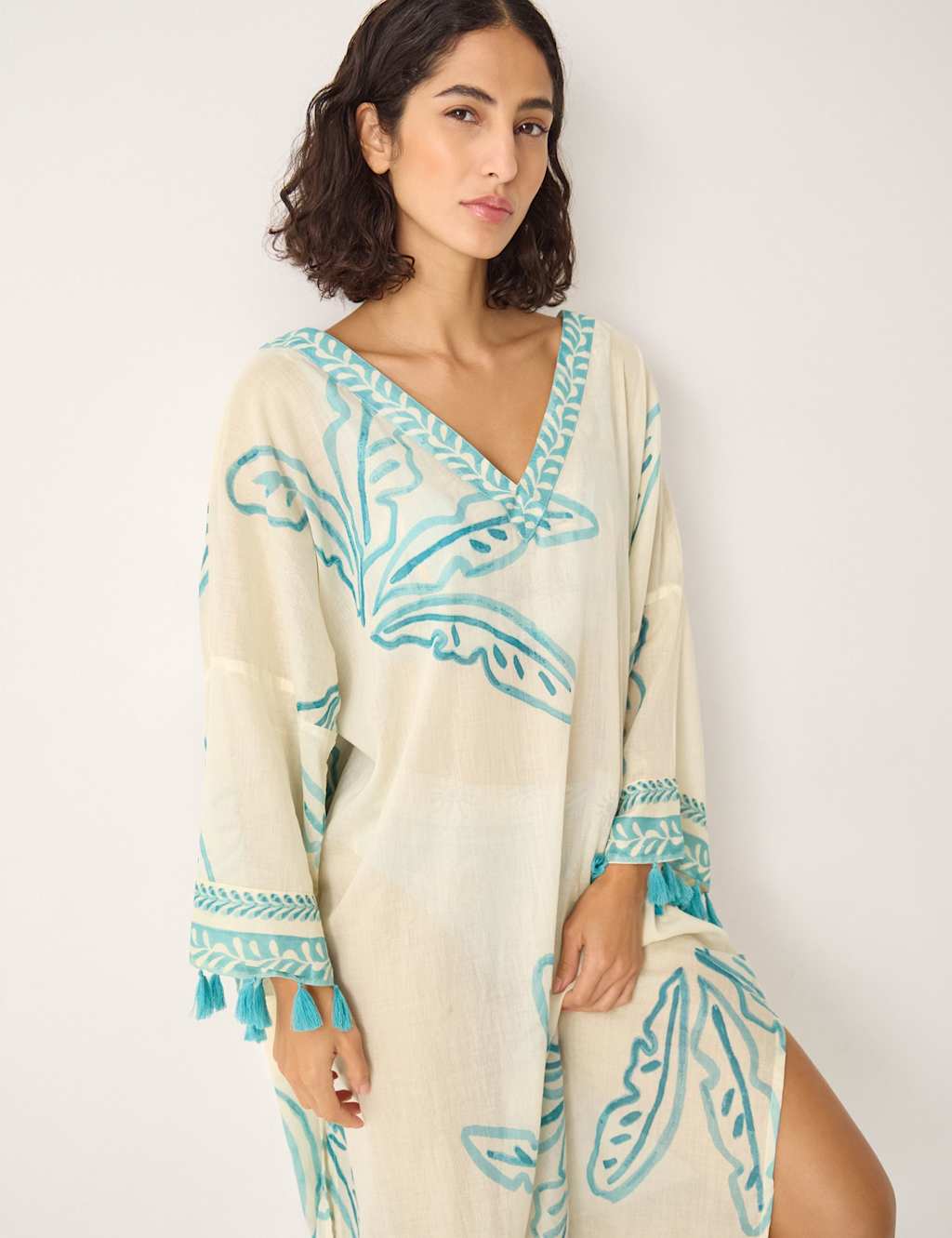 Monsoon Women's Cotton Rich Palm Print V-Neck Midaxi Kaftan - Ivory Mix - Available at M&S