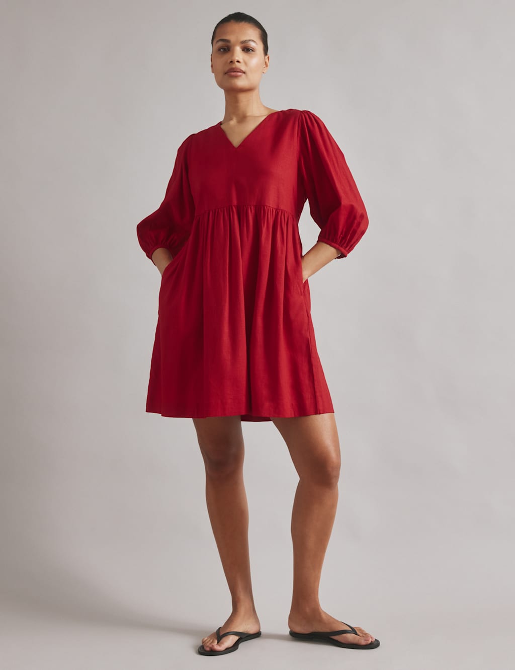 Linen Blend V-Neck Knee Length Skater Dress