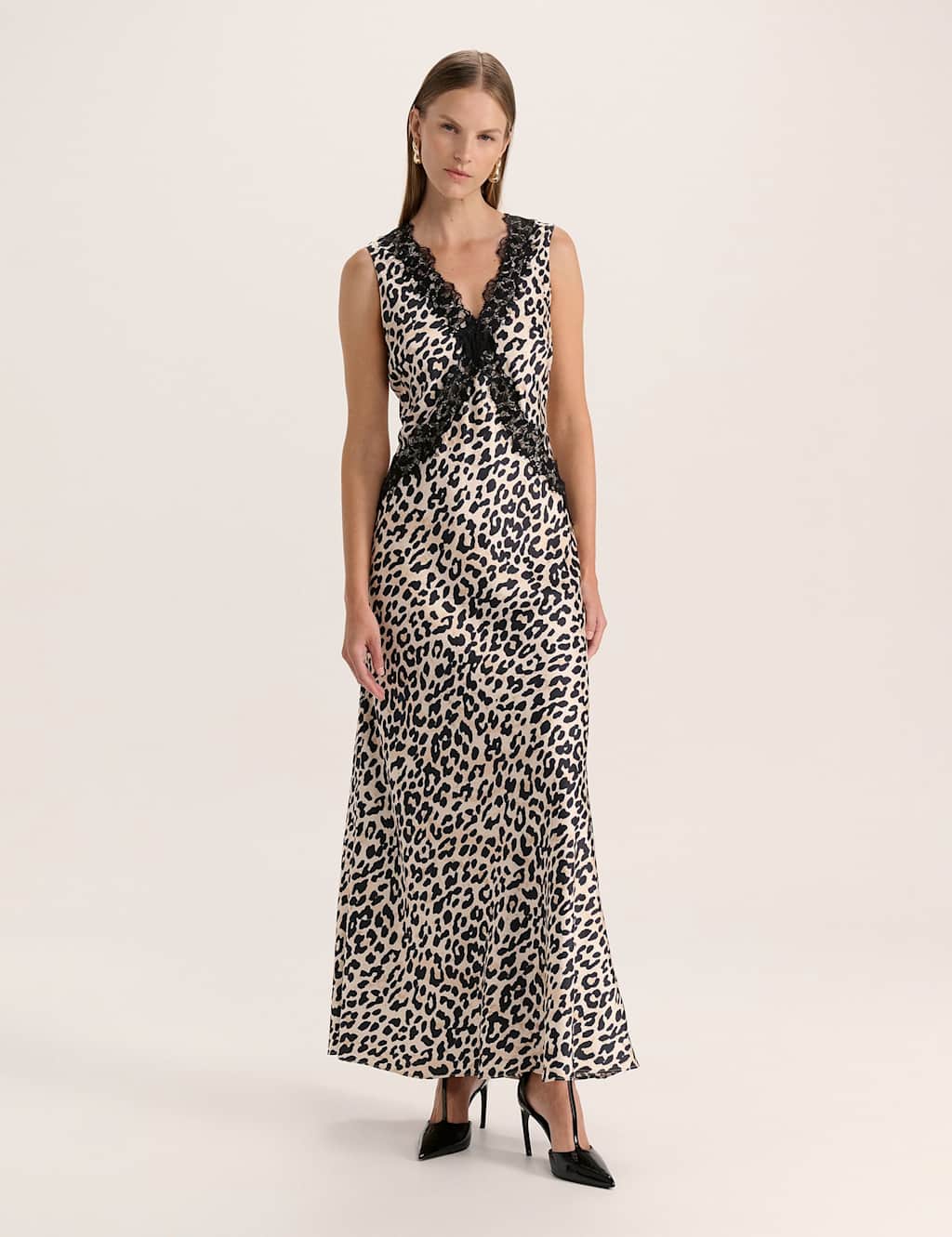 SABA Animal Print V-Neck Maxi Slip Dress Beige Mix