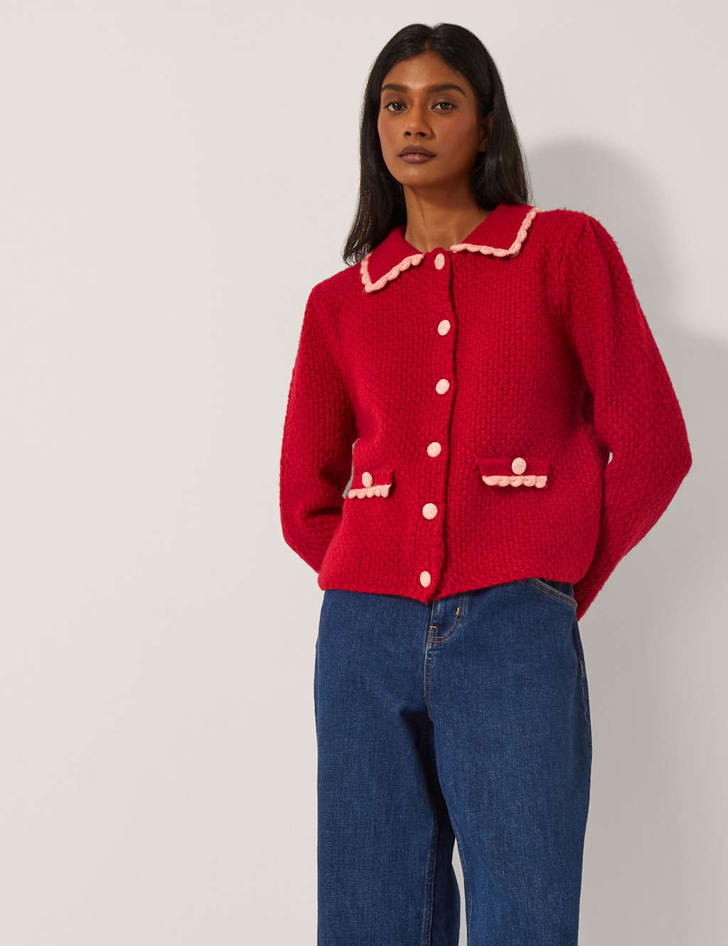 Monsoon Textured Scallop Edge Collared Cardigan Red