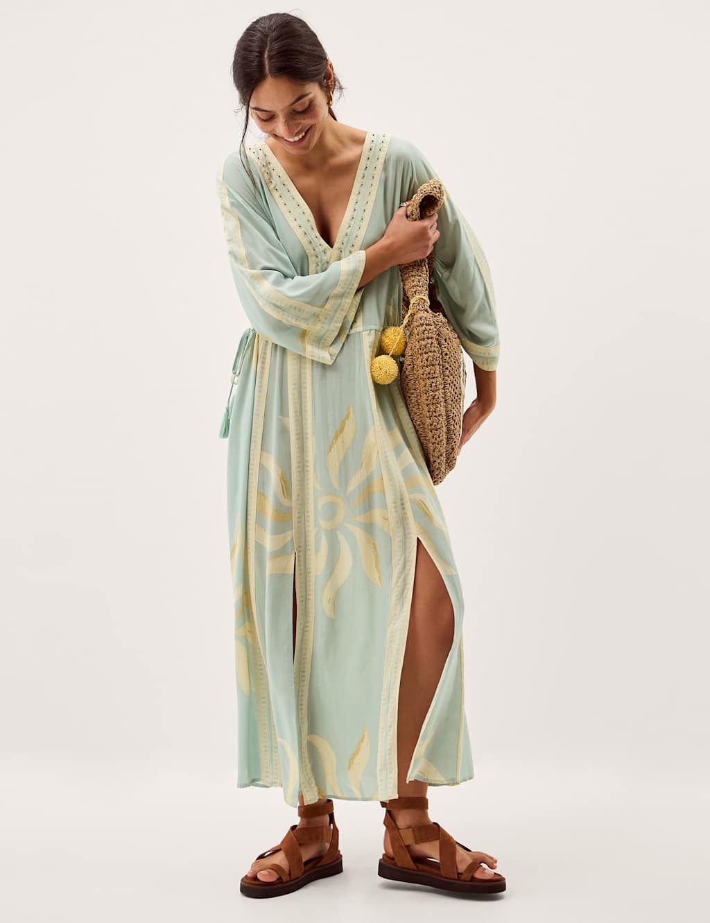 Monsoon Women's Printed V-Neck Midi Beach Dress - XX Large - Aqua Mix - Available at M&S