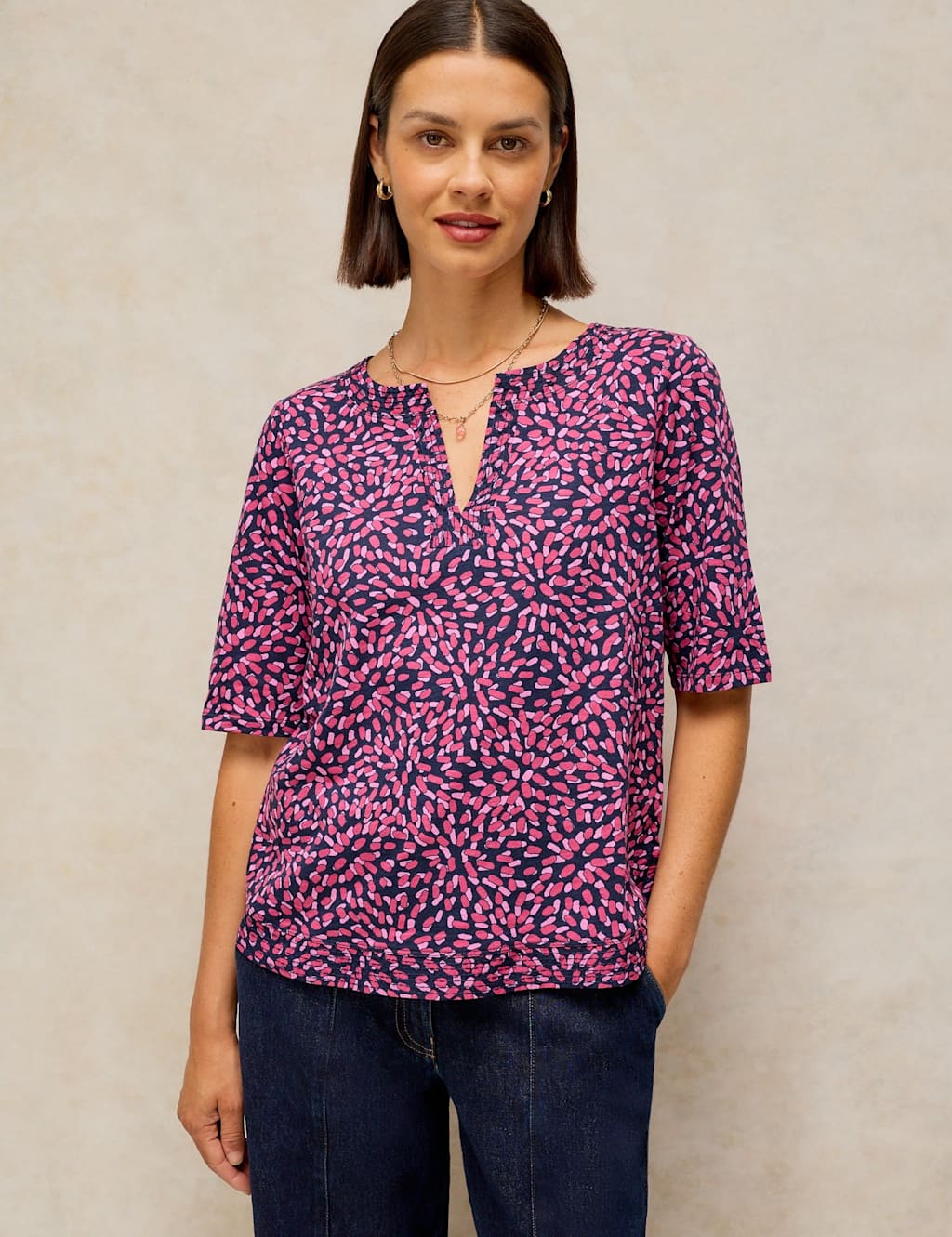 White Stuff Women's Pure Cotton Printed Notch Neck T-Shirt - 16 - Pink Mix - Available at M&S