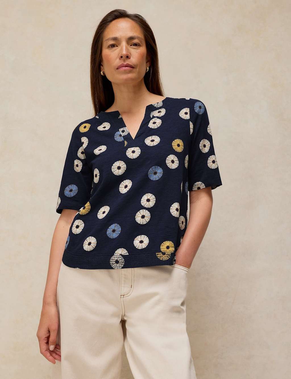White Stuff Women's Pure Cotton Printed Notch Neck T-Shirt - 16 - Navy Mix - Available at M&S