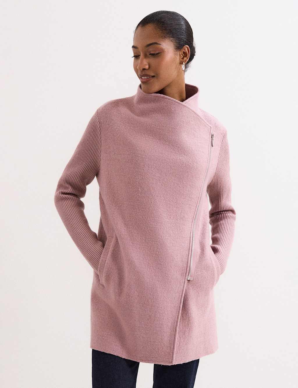 Phase Eight Wool Blend Zip Knit Wrap Coatigan Pink