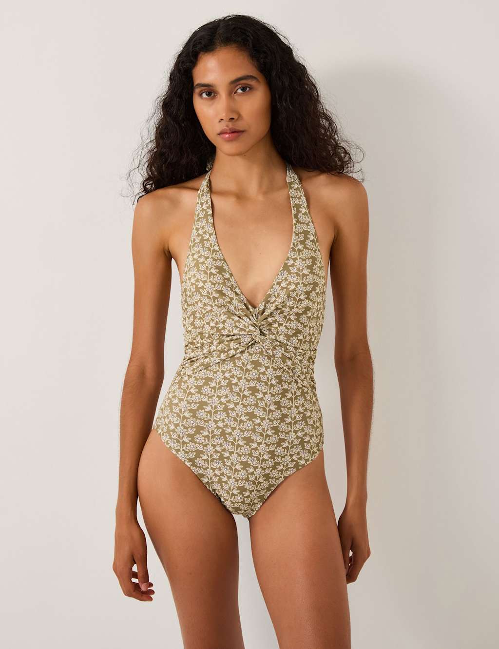Monsoon Women's Floral Twist Front Halterneck Swimsuit - 10 - Khaki Mix - Available at M&S