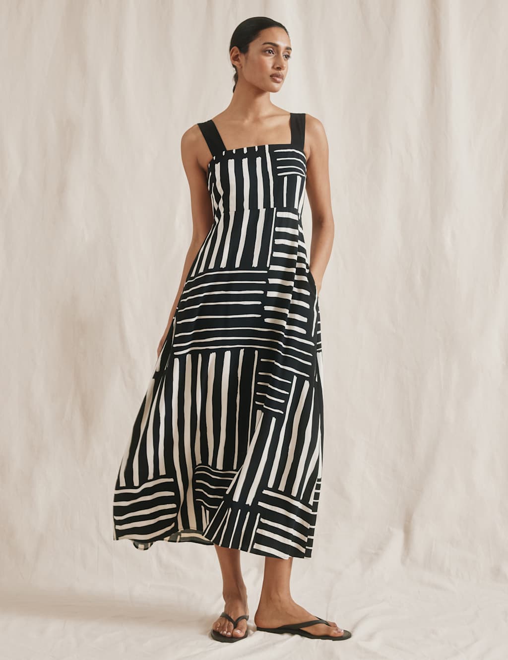 Albaray Women's Linen Blend Striped Midaxi Waisted Dress - 14 - Black Mix, Black Mix