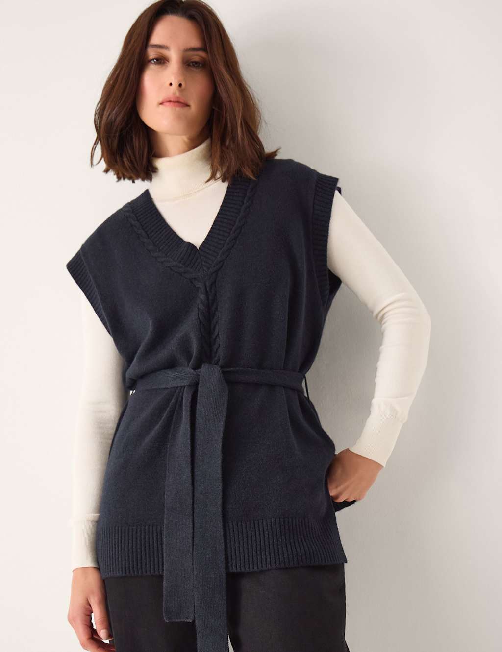 Monsoon Women's Cable Knit V-Neck Knitted Vest - Medium - Navy - Available at M&S
