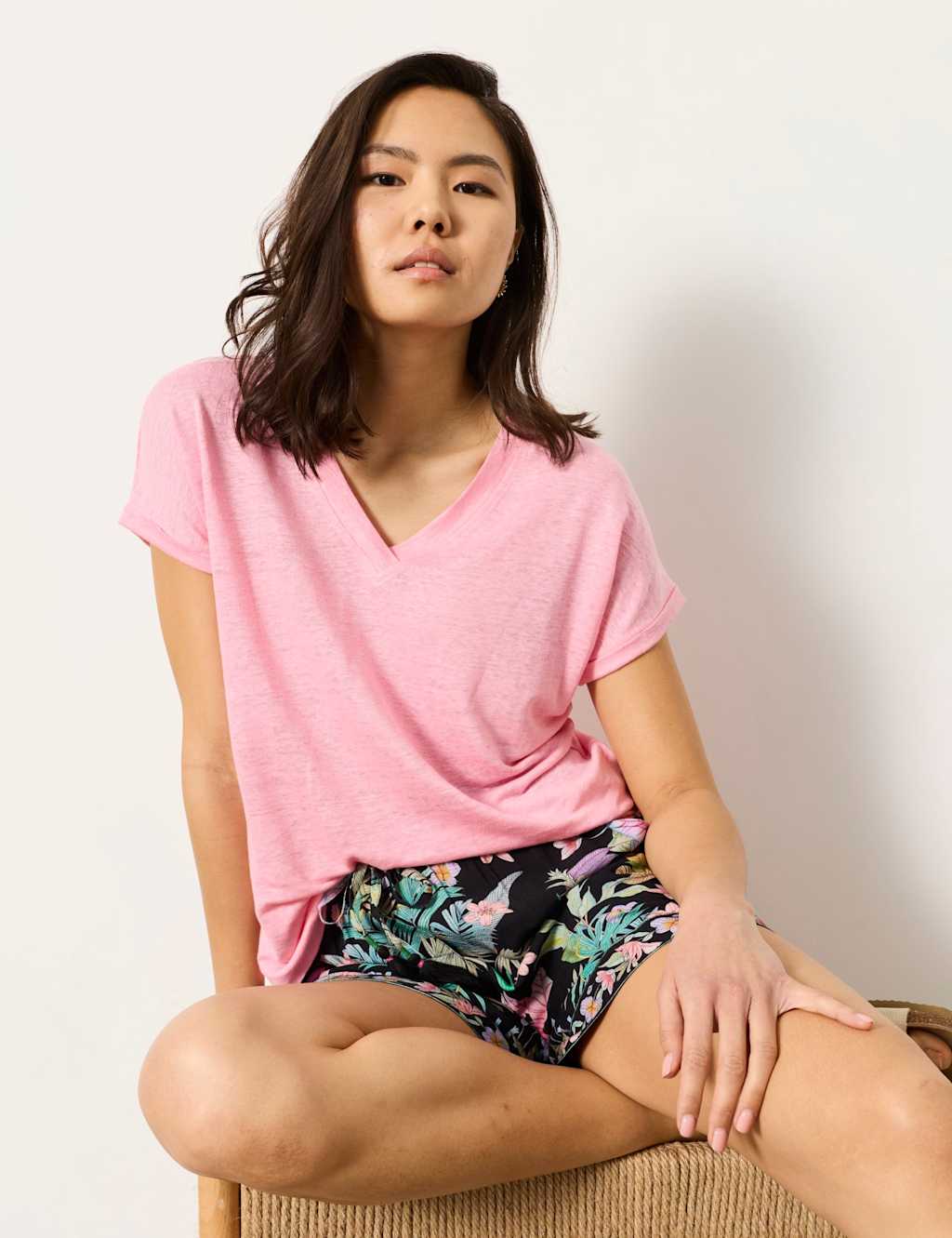Fatface Women's Pure Linen V-Neck T-Shirt - 10 - Pink - Available at M&S