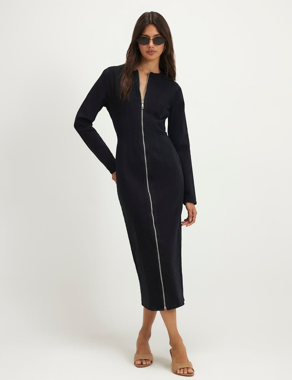 River Island Women's Cotton Rich Zip Up Midi Bodycon Dress - 12 - Black - Available at M&S