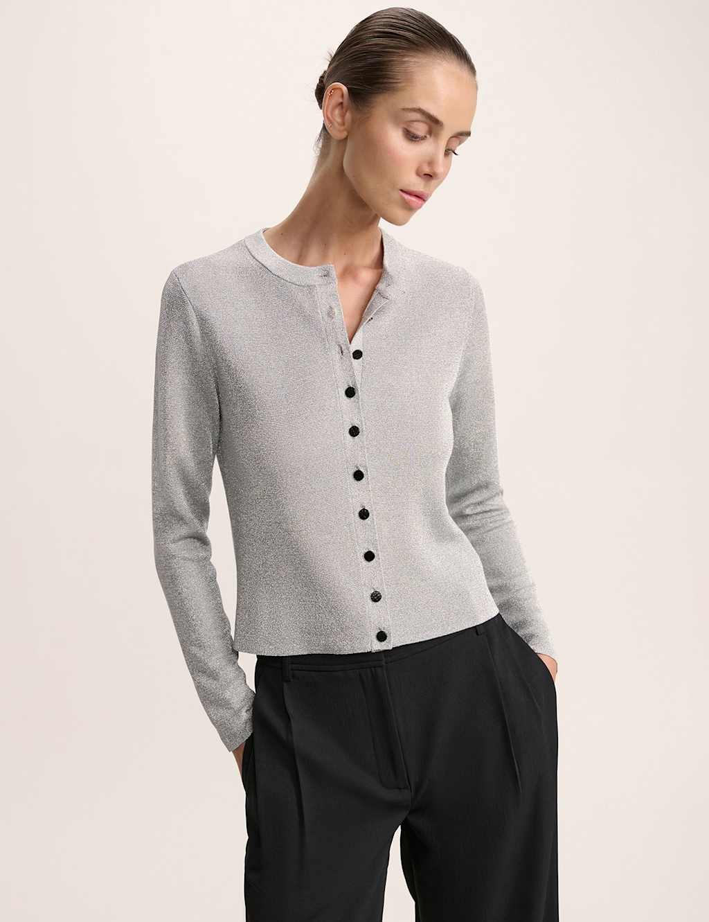 SABA Sparkly Crew Neck Cardigan Silver