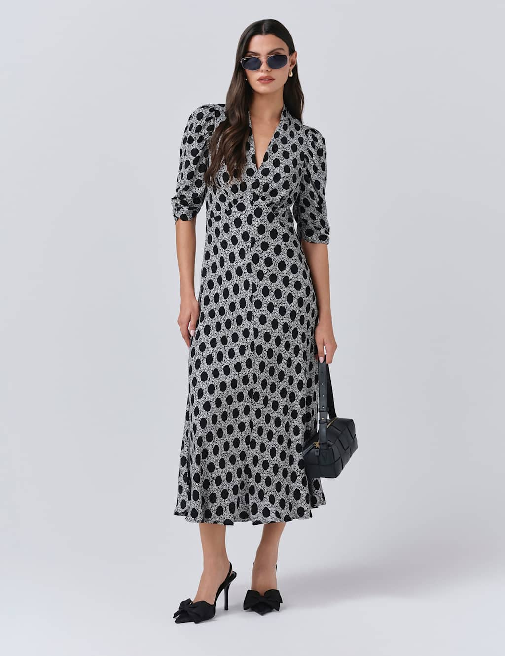 Ghost Crepe Floral V-Neck Midi Tea Dress Black Mix