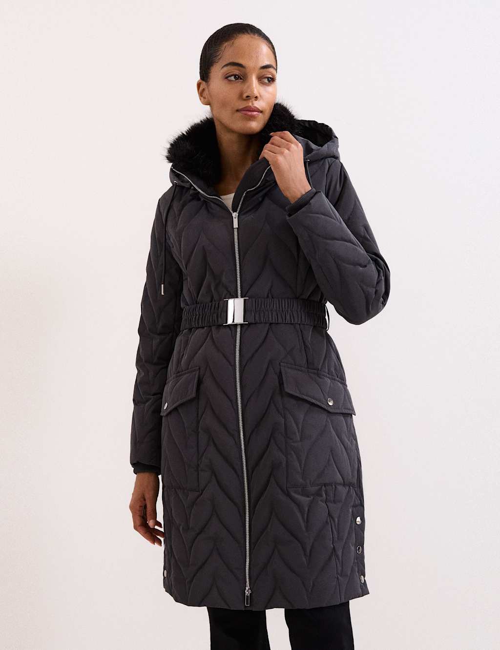 Phase Eight Hooded Belted Puffer Coat Charcoal