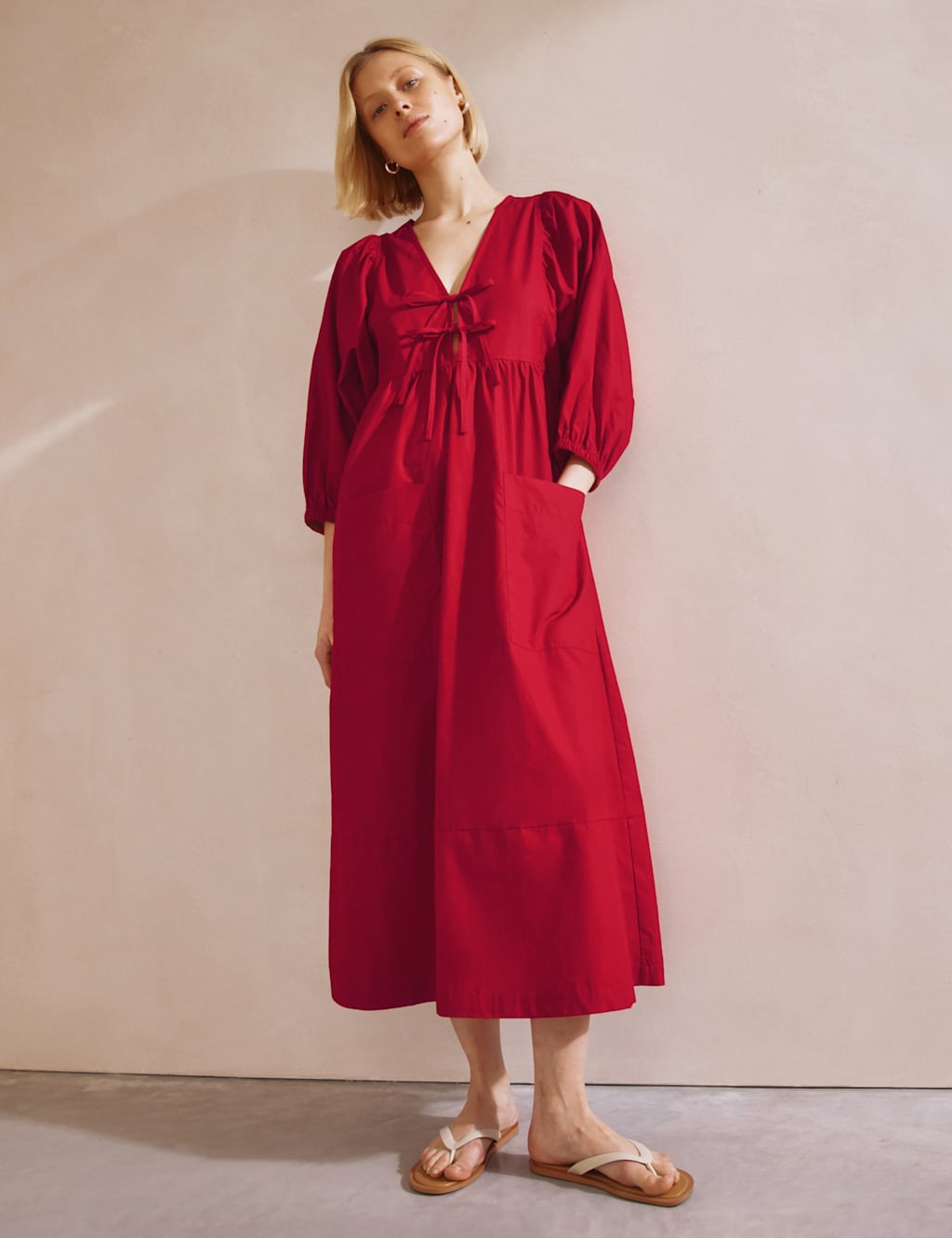 Pure Cotton Tie Neck Midaxi Smock Dress