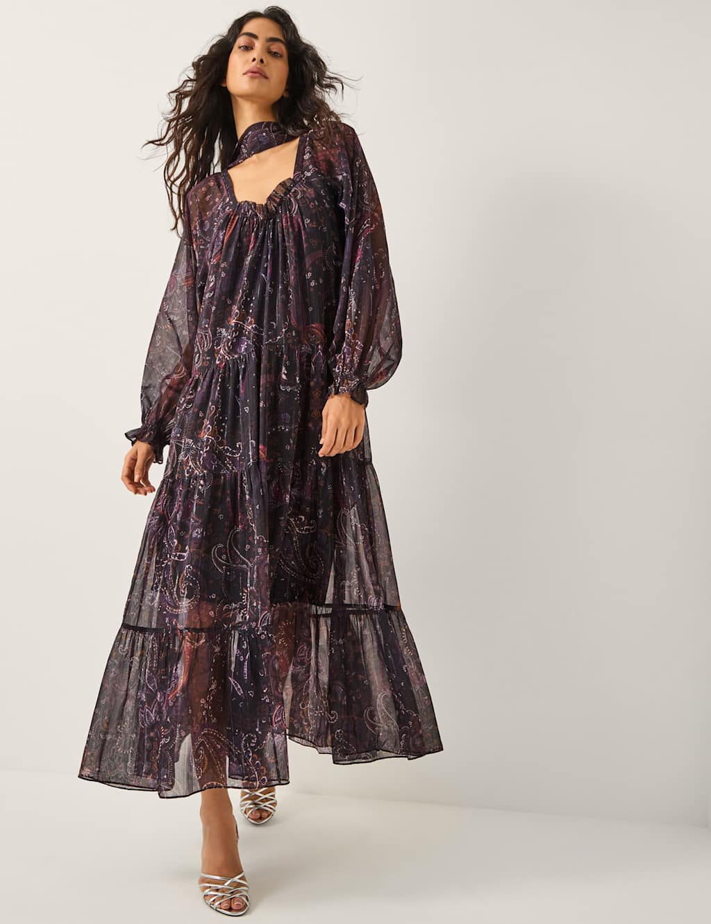 Monsoon Paisley Square Neck Midi Tiered Dress Purple