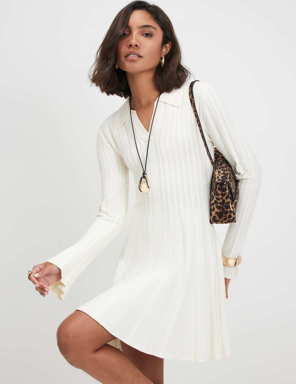 River Island Women's Ribbed Collared V-Neck Mini Jumper Dress - Large - Cream - Available at M&S
