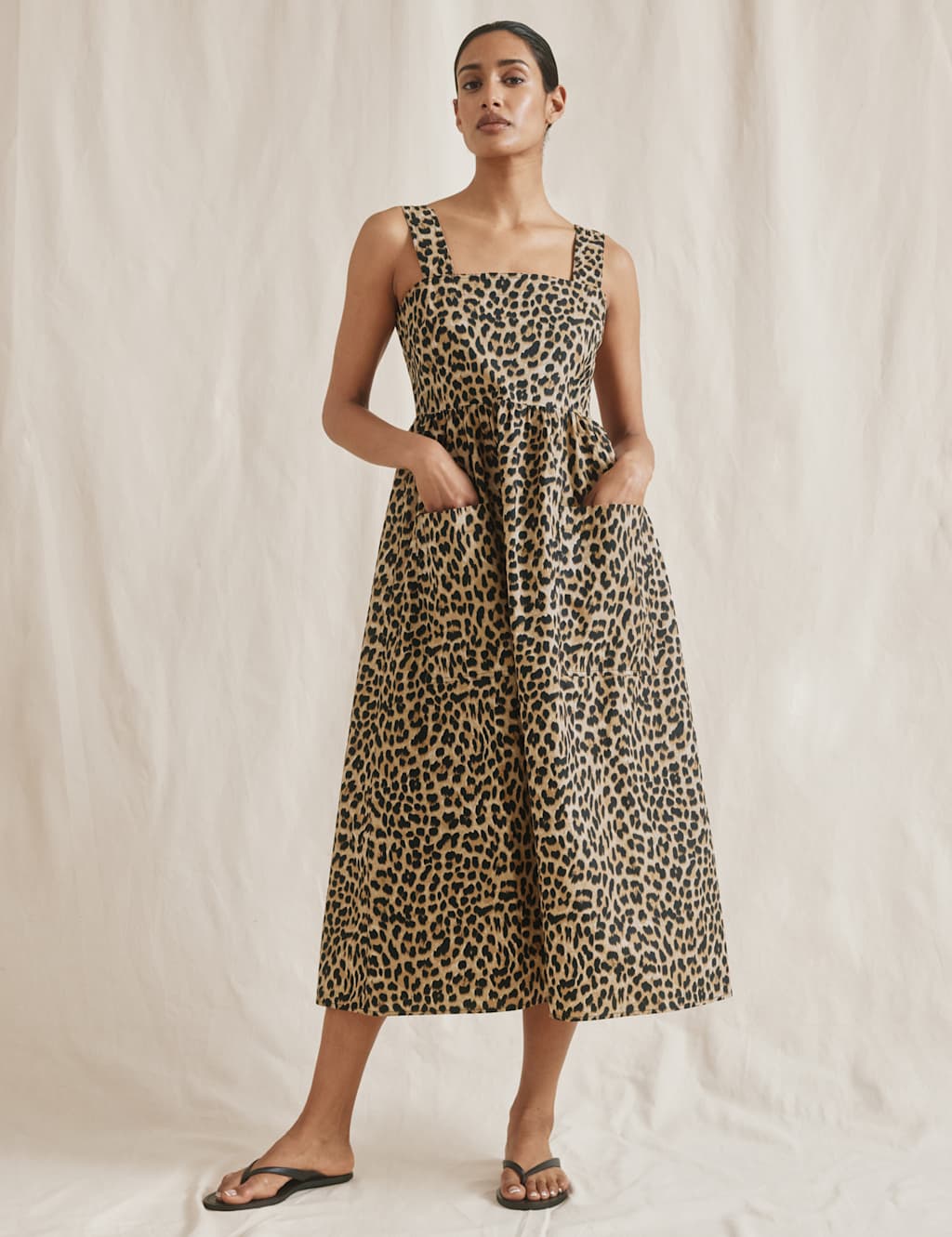 Pure Cotton Animal Print Wide Strap Midi Dress