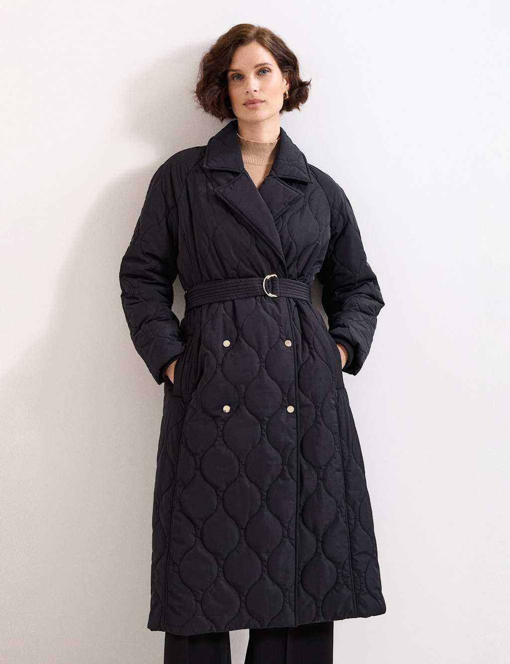 Phase Eight Quilted Collared Belted Longline Coat Black