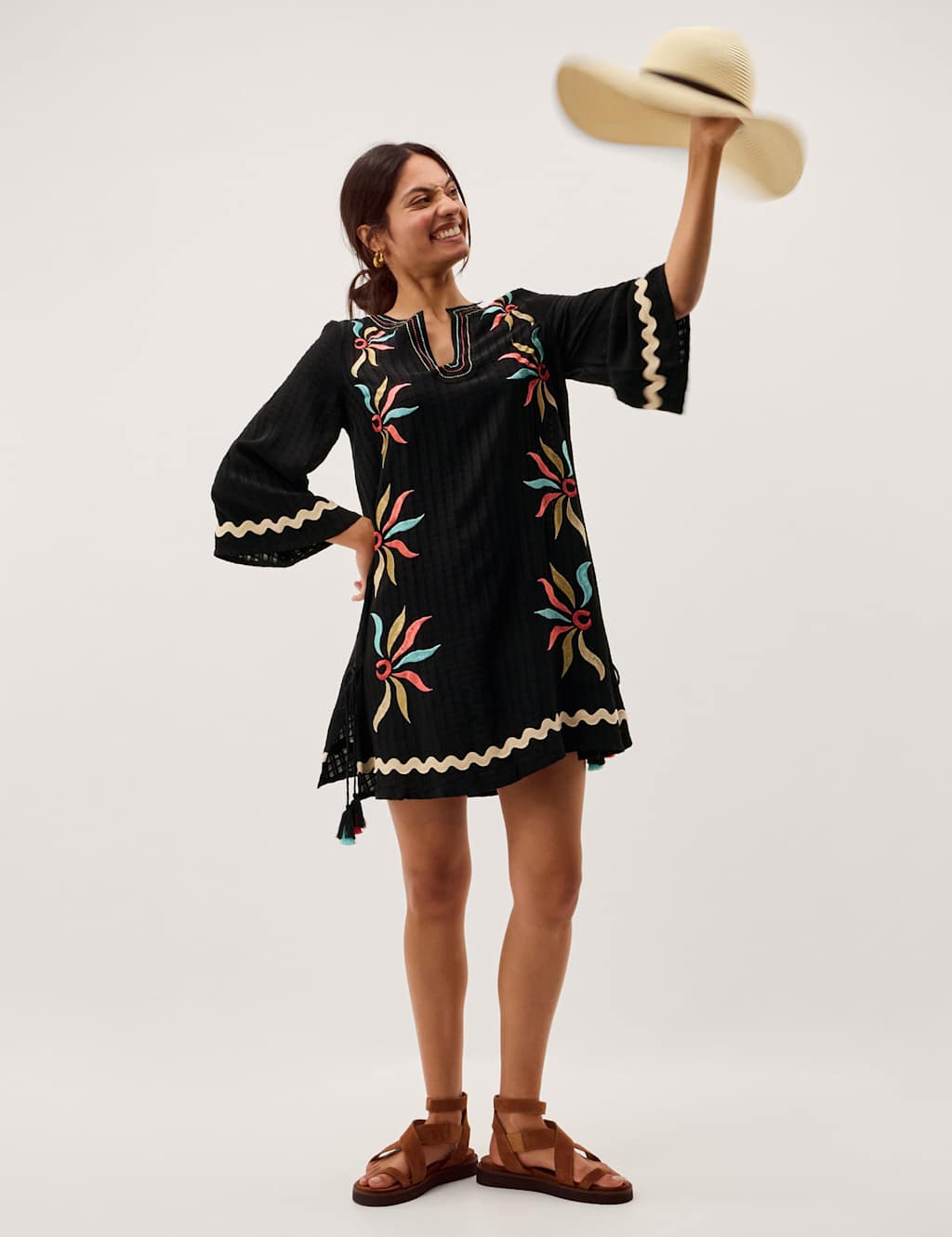 Monsoon Women's Embroidered Notch Neck Mini Kaftan Dress - Medium - Black Mix - Available at M&S
