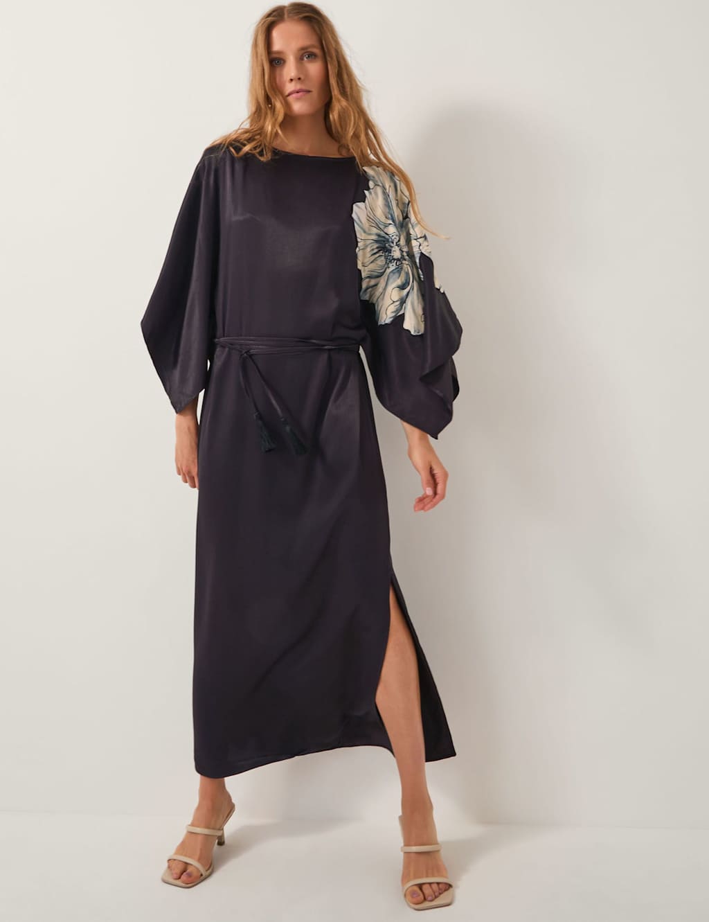 Monsoon Floral Tie Waist Midi Kimono Dress Black