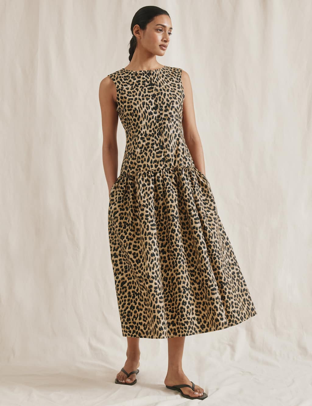 Pure Cotton Animal Print Midi Waistcoat Dress