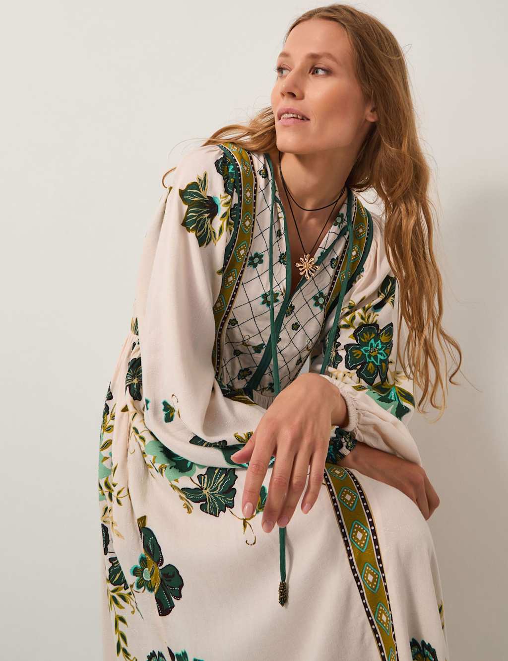 Monsoon Floral Tie Neck Midi Waisted Dress Green