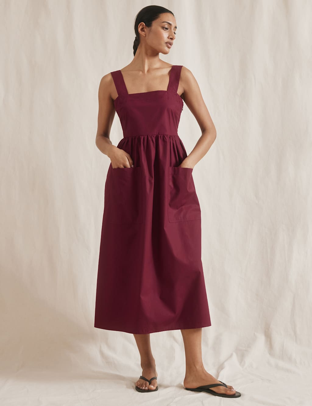 Pure Cotton Square Neck Midi Apron Dress